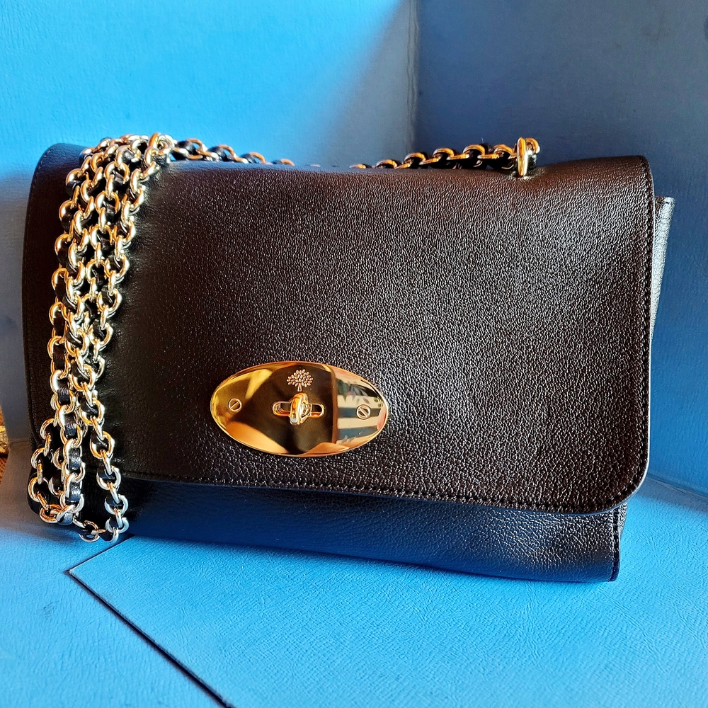Mulberry Lilly, Medium, Black and Gold Shoulder Bag with Chain Strap
